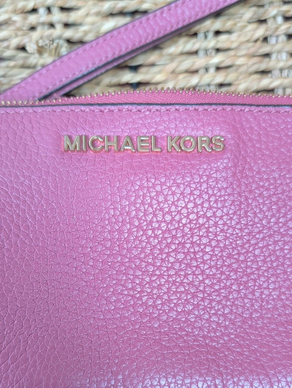 Michael Kors Pink Pebbled Leather Wristlet with Gold Logo